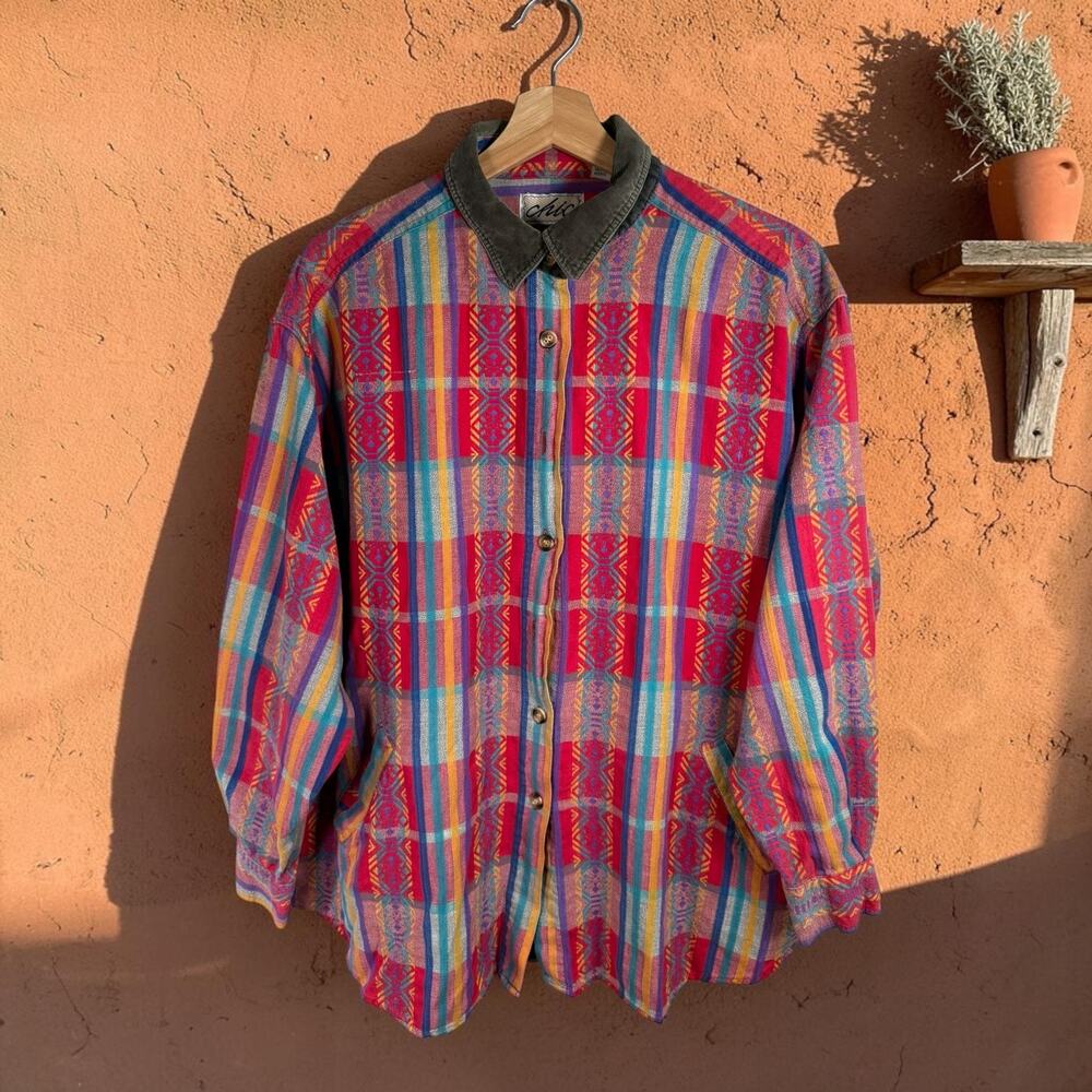 Chic VTG Women's 100% Cotton Southwestern Print L/S Button Front Shacket Shirt